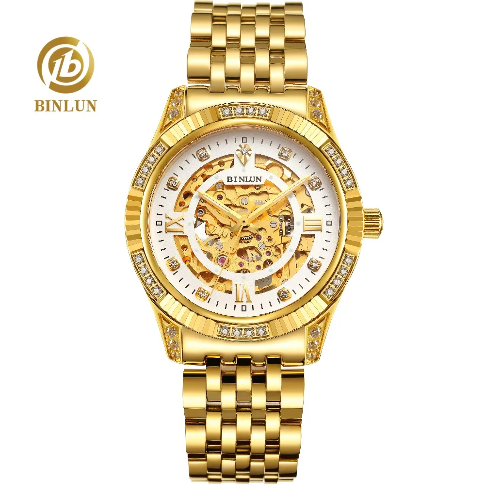 

BINLUN 18K Gold Skeleton Luxury Men's Automatic Watch Sapphire Glass Dial Waterproof Diamond Mechanical Skeleton Business Watch