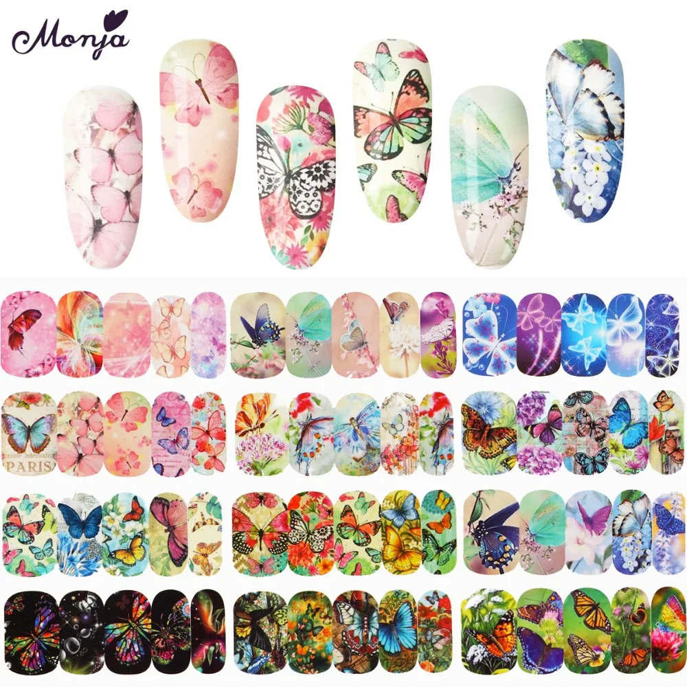 

Monja 12 Sheets Nail Art Butterfly Mixed Pattern Design Water Transfer Sticker Full Cover Watermark Decals Manicure Decoration