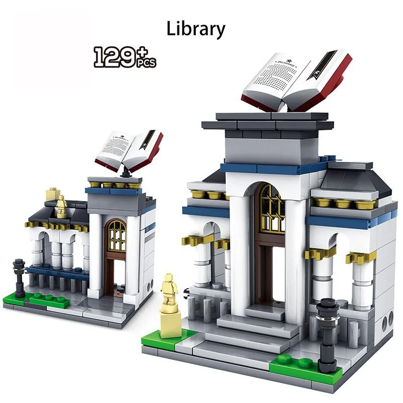 

City Mini Street Toy Store 3D Model Police Station Church Fire Station Library Suitable for children's mini blocks JM-33