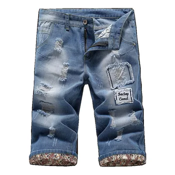 

2020 cuffs denim shorts homme summer ptinted jeans straight knee length trousers male hole repped bermuda homme casual shorts