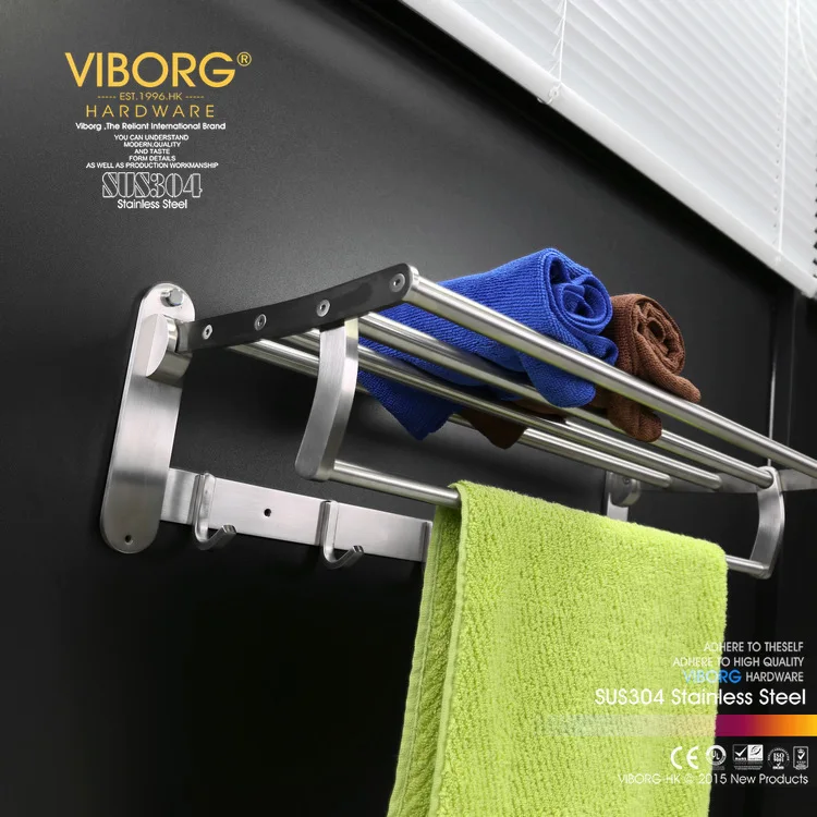ФОТО VIBORG Deluxe SUS304 Stainless Steel Foldable Wall Mounted Bathroom Towel Rack Shelf Towel Holder Storage, satin nickel brushed