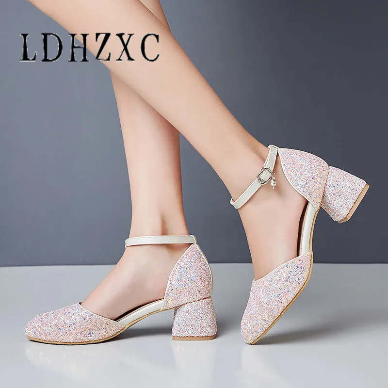 

LDHZXC Women Shoes Thin High Heel PU Leather Round Toe Sequined Bling Buckle Pumps Single Shoes Spring Size 34-43