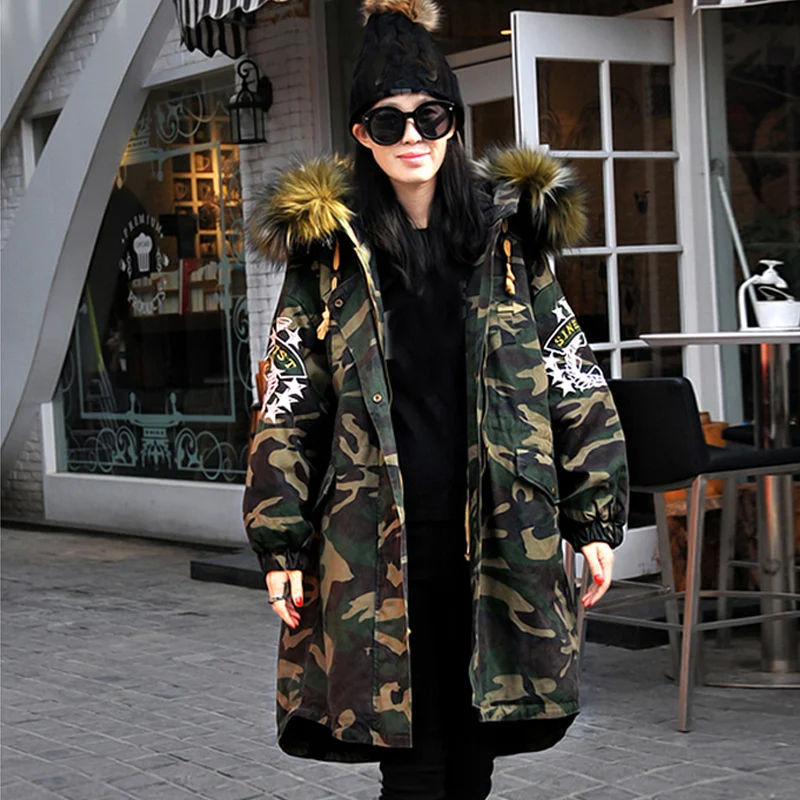 

Women Winter Camouflage Jacket and Coat Windproof Thick Warm Outwear Cotton Hooded Padded Parka With Big Fur Collar WH241