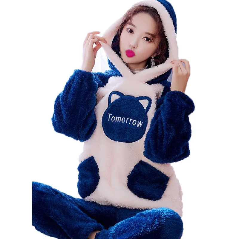 

Two Pieces Pyjama Set 2018 Winter Women Sleepwear Thick Warm Cute Sleeping Clothes Coral Fleece Hooded Cartoon Pajamas For Women