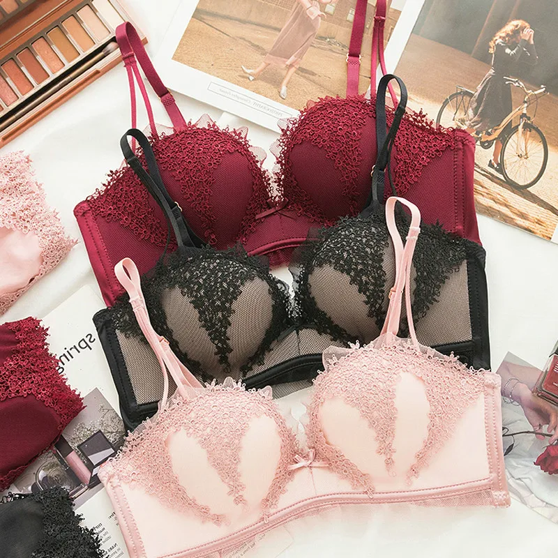 

Roseheart Women Fashion Red Pink Sexy Lingerie Sets Padded Bras Wireless Bra Sets Cotton Panties Women Underwear Set A B
