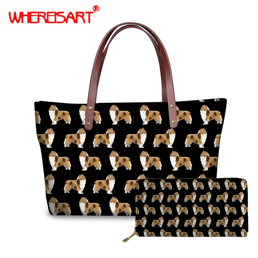 

WHEREISART Bags for Women 2019 Rough Collie Prints Handbags Set Lady Large Capacity Casual Shoulder Bag Female Tote Bags+Wallet