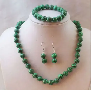 

Free shipping NEW 8mm green malachite round necklace Bracelets Earrings Set 20inch