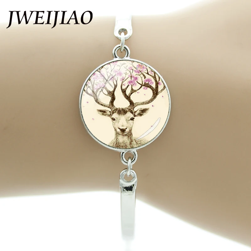 

JWEIJIAO Sika Deer Bracelets Elk Art Photo Glass Dome Charms Bracelet Silver Color Jewelry For Kids Women Grils Gift TB102