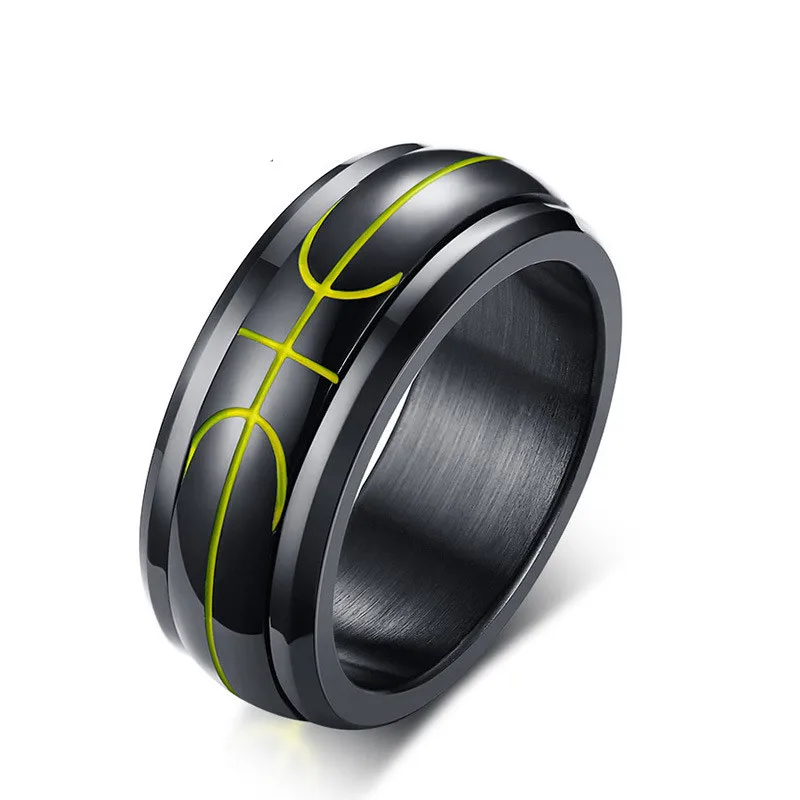 Modyle 2018 New Fashion 8mm Black Basketball Symbol Rotatable Stainless Steel Ring for Man
