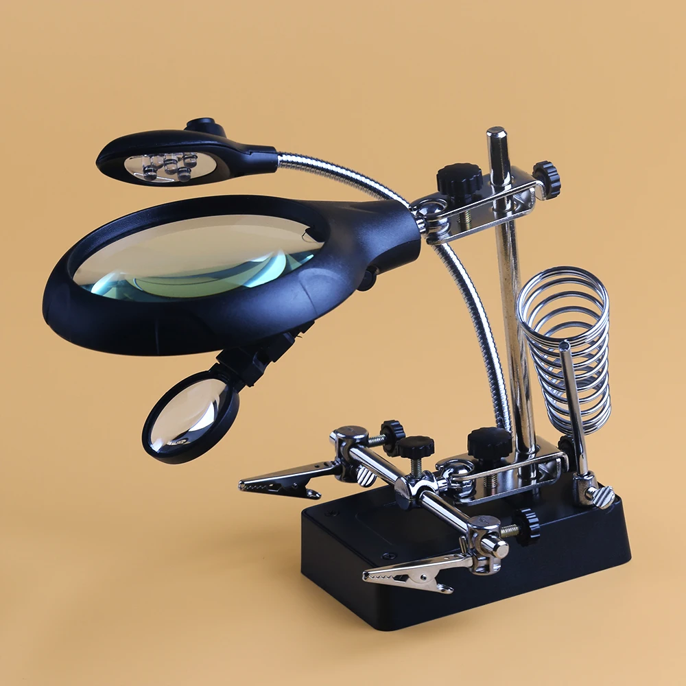 BIJI 2.5X 5X 8X Magnifying Glass 5 LED Lights Iron Stand Clamp Third