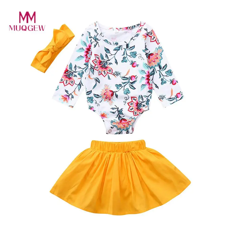 

Lovely Gifts Baby Children Clothing Set Long Sleeve O-neck Cotton Infant Baby Girls Floral Romper Skirt Headbands Clothing Set