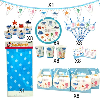 

58Pcs for 8kids Sea Life Marine Animals theme birthday party supplies tableware set, plate+straw+glass+candybox+invitations ect