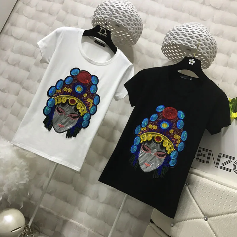 

Cotton t shirt for Women 2019 Summer Fashion O-neck Short Sleeve Peking Opera Embroidery Tshirts Femme Plus Size S-3XL 4XL