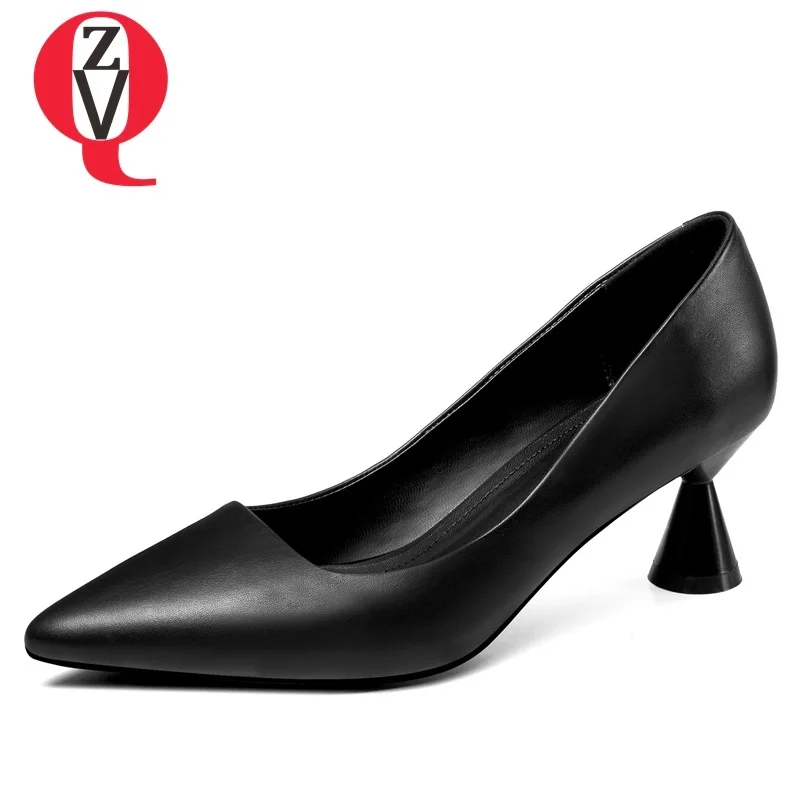 

ZVQ spring new fashion sexy office pumps high quality genuine leather shallow shoes pointed toe 6 cm strange style women shoes