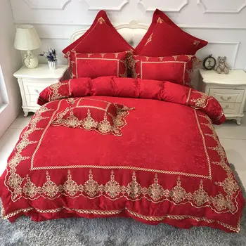 

4/7Pcs Red color cotton stain luxury wedding Bedding set king queen size gold lace bed set bed sheet set duvet cover pillow sham