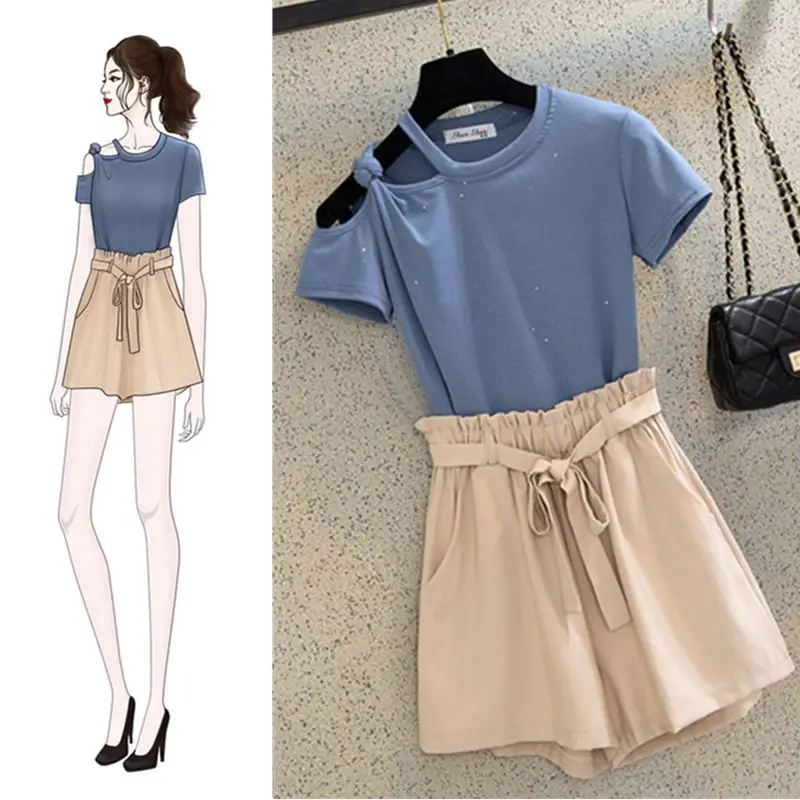 

Dew shoulder Korean fashion two-piece coat bowknot belt short pants suit casual women leisure outfit clothes clothing set