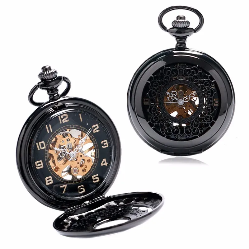 Роскошные карманные часы набор Механический ручной взвод полые Скелет брелок Часы + часы коробка + часы сумка + карман цепи + кожа ремень