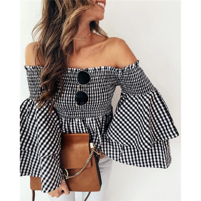 New Women Off Shoulder Plaid Shirt Flare Sleeve Loose Slim