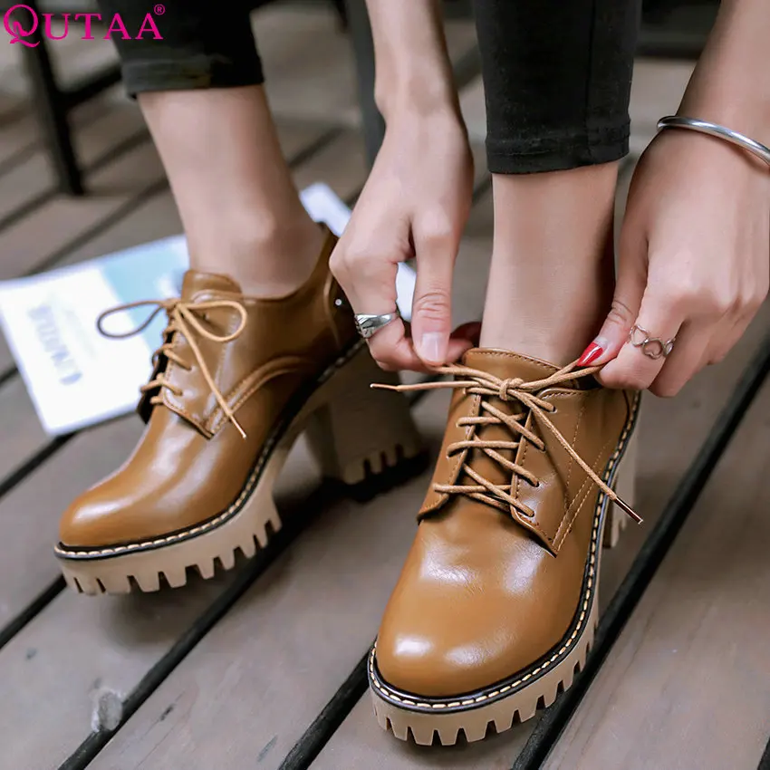 

QUTAA 2019 Women Shoes Platform Women Pumps Round Toe Lace Up Square High Heel Pu Leather All Match Ladies Pumps Szie 34-43