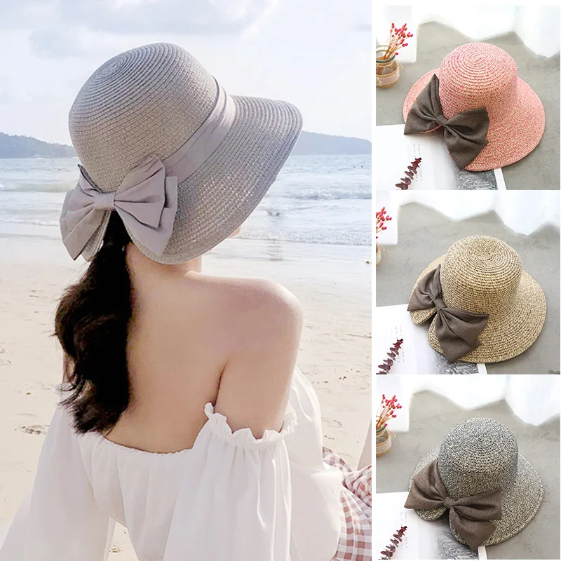 

Hot Straw Sunhat Women Summer Beach Wide Brim Bow Sunscreen Outdoor Travel Hat MCK99