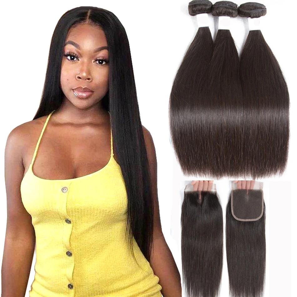 Straight Human Hair 3 Bundles With Closure Tuneful 100 Remy Hair Weft