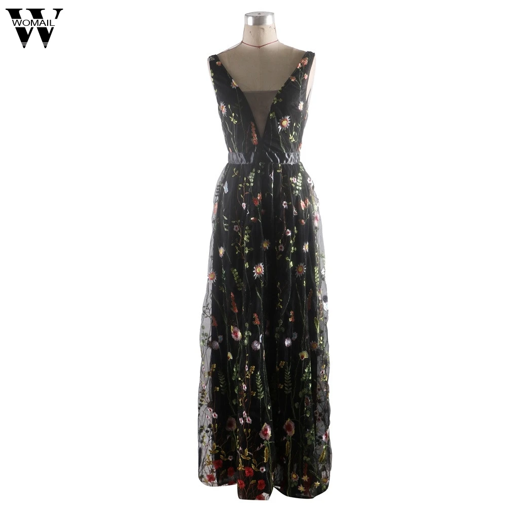 

Dresses Women Sexy V-Neck Print Lace Back Hollow Long Cocktail Party Elegant Dress 2018 NOV 26