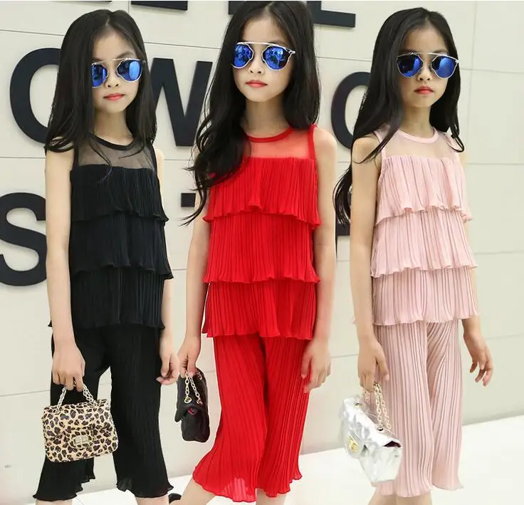 

child Chiffon sleeve skirt wide leg pants suit for girls in summer new children's clothing