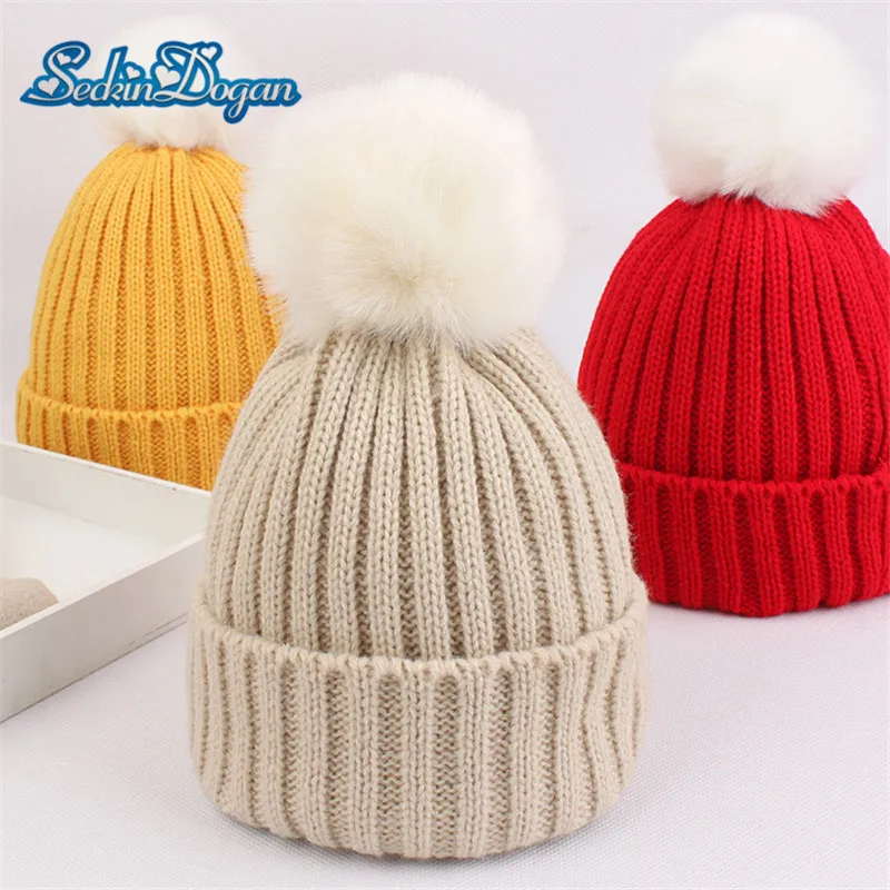 

SeckinDogan Baby Hat Colored Warm Boy Girl Knit Hat 1-7Y Outdoor Casual Crochet Hairball Pompom Soft Children Sport Cap