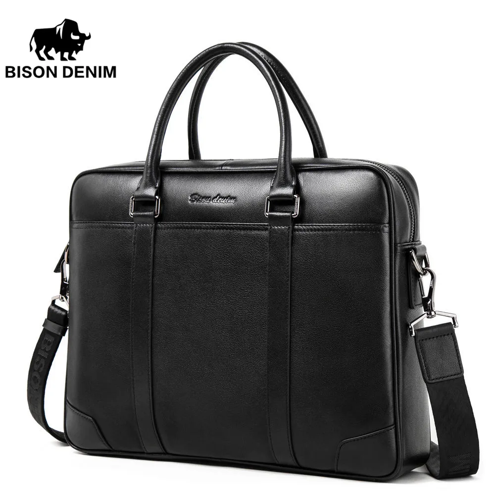 Männlichen Männer Zoll Business Laptop Umhängetasche 14 Denim Mode Reise Marke Rindsleder Bison N2610 Berühmte Handtasche Tasche wtH78n1q