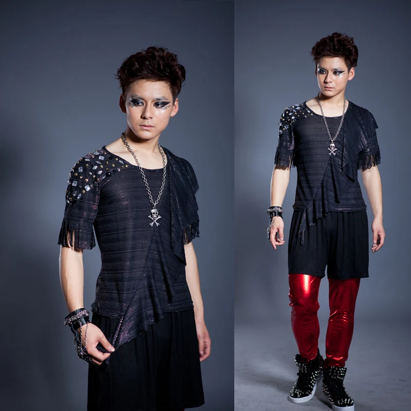 

fashion punk slim sexy irregular shirt men long sleeve shirt teenage korean T- shirt mens personality stage singer dance black