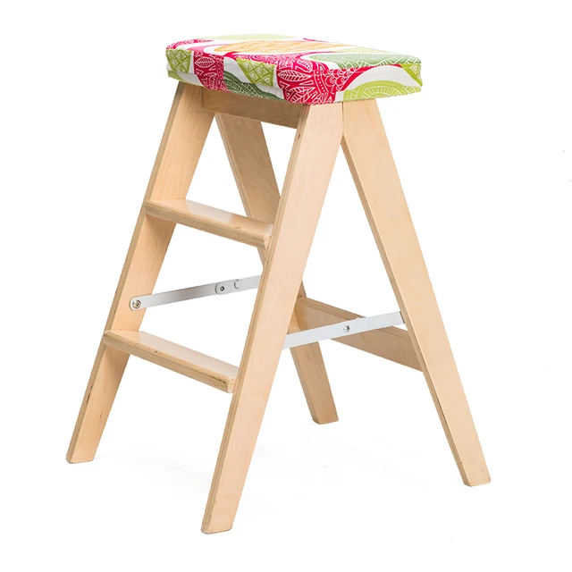 Ladder High Stool Wooden Bench Chair Foldable Step With Ladder High Stool Wooden Bench Chair Foldable Step With Fabric Seat Cushion Kitchen Furniture Household