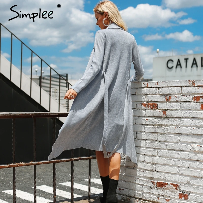 Simplee حزام الدانتيل يصل النساء سترة الخريف الشتاء سترة طويلة البلوز سترة مشغولة من الصوف بدوره أسفل طوق سميكة عارضة معطف 2018
