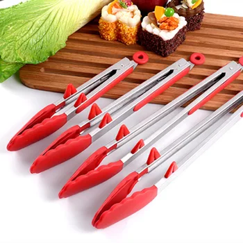 

9-16-Inch 1 Piece BBQ Silicone Cover Handle Kitchen Tongs Lock Design Barbecue Clip Clamp Stainless steel Food Tongs