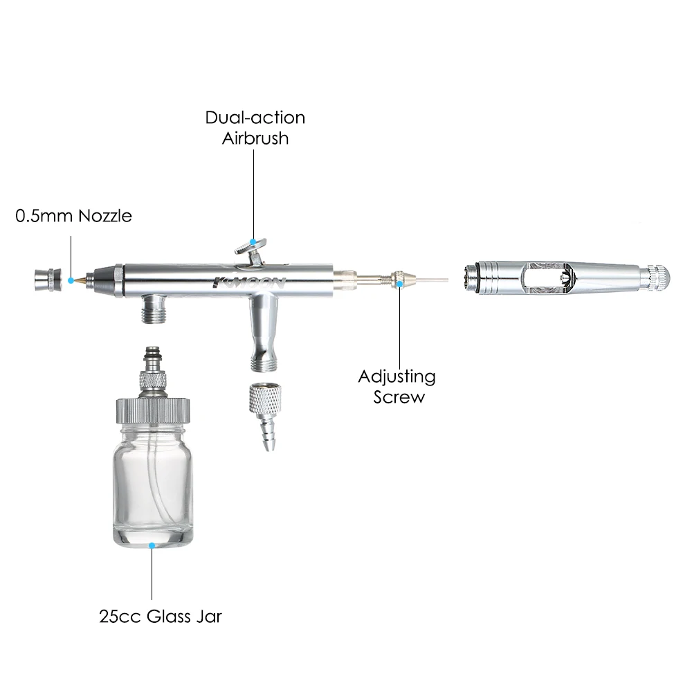 KKmoon, аэрограф для макияжа, Двойное действие, воздушная кисть, набор для нанесения краски 0,5 мм, распылитель краски с 25cc стеклянной баночкой, гаечный ключ, пипетка