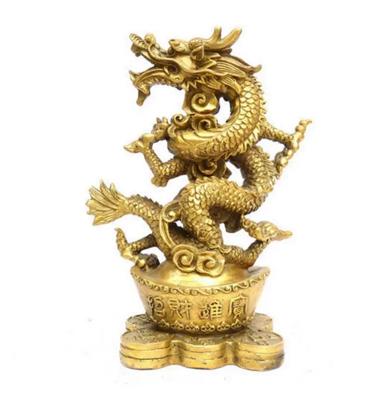 

China Dynasty Feng Shui Pure Copper Wealth Yuanbao Treasure Dragon Statue