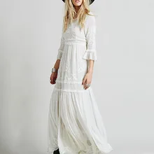 Богемное женское платье с рукавом семь, с вышивкой, бохо платье с круглым вырезом, сексуальное длинное платье, хлопковое свободное пляжное платье, женское платье