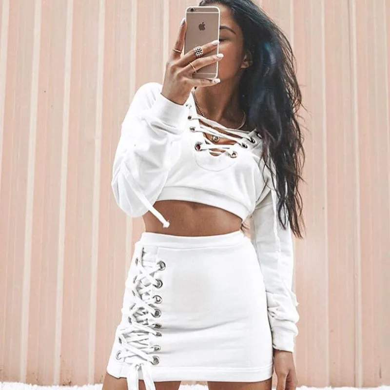 Fashion Eyelet Lace Up Outfit Set Women Solid Long sleeve