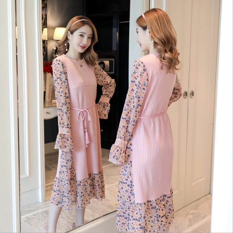 

Floral Chiffon Knitted Splice Nursing Dress For Pregnant Women Slim Long Sweater Autumn Winter Maternity Breastfeeding Dress