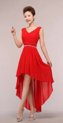 Элегантное шифоновое платье подружки невесты цвета слоновой кости с v-образным вырезом, платье подружки невесты, короткие платья с длинными рукавами спереди для подростков, B3753 - Цвет: Красный