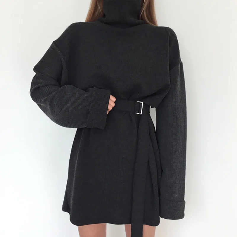 

real shot 2018 spring women's solid turtleneck long sleeve dress female bandage plus size straight cotton dresses