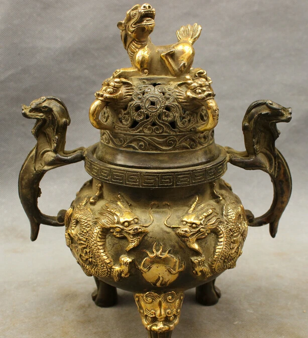 

JP S0610 9" Chinese Bronze Copper Gilt Dragon Statue Coin Lion Box Incense Burner Censer B0403