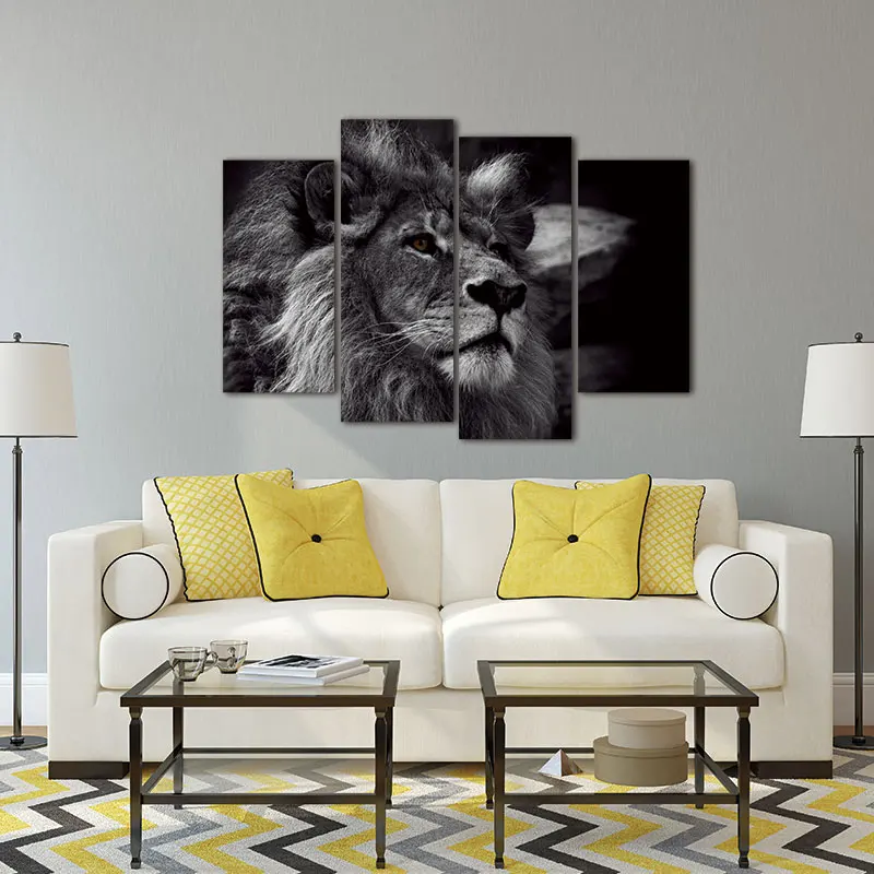 Голова льва портрет настенная живопись Черно-белая серая картина Печать на холсте 4 панели современная картина с животными для украшения