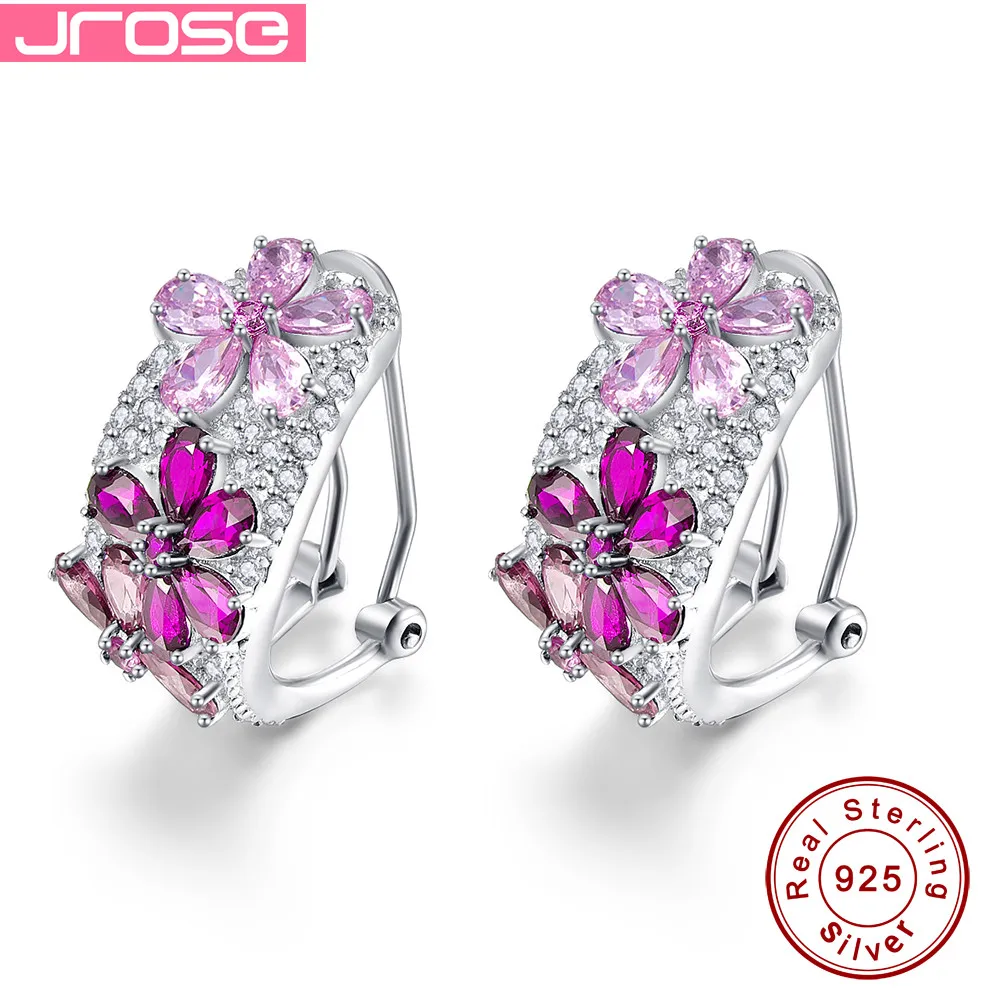 

JROSE 8CT Lab created red & Spessartine Garnet & Pink CZ Solid 925 Silver Flower Nice Clip Earrings Gift with Box