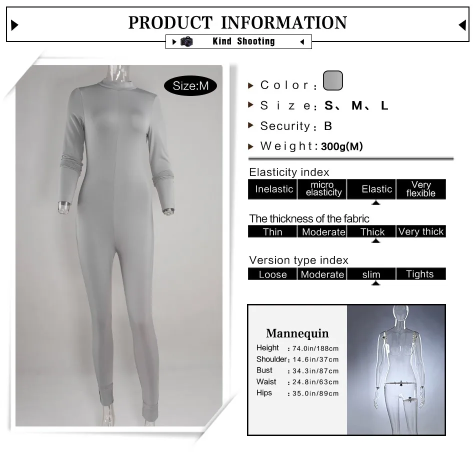 Новинка, Хит, повседневный женский цельный комбинезон, длинный рукав, водолазка, облегающий, молния сзади, длинные штаны, сексуальная одежда, серый комбинезон