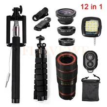2017 12in1 Lenses Kit 8x Zoom Telephoto Lens Fish eye Wide Angle Macro Lentes Tripod Clips Selfie Flash Light For iPhone Xiaomi