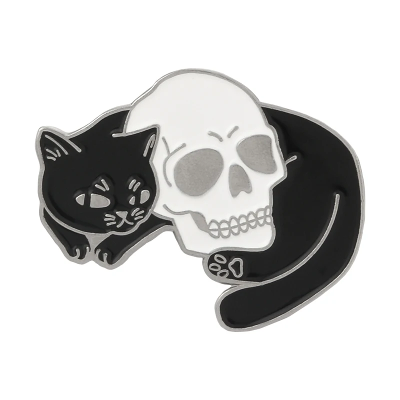 Булавки для кошек, черная кошка с черепом, объятия, пара животных, котенок, эмалированная булавка, ведьмы, броши с котами для любителей животных, Нагрудный значок, булавка в подарок - Окраска металла: Style3-SILVER