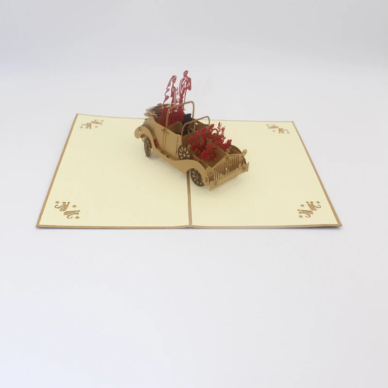  3D laser cut Bride Groom Retro old car Paper Wedding Invitation Greeting Cards + Envelope Engagemen - 32892343641