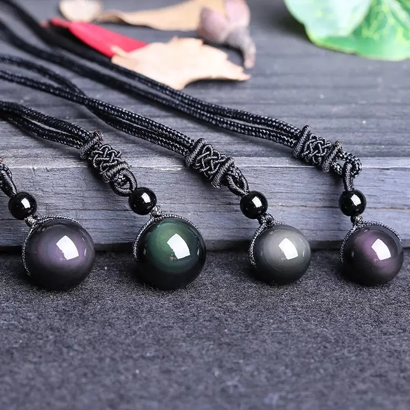 Qevila Natural Stone Pendant Necklaces for Women Men Black Obsidian Rainbow Eye Beads Ball Transfer Good Lucky Love Energy Stone (5)