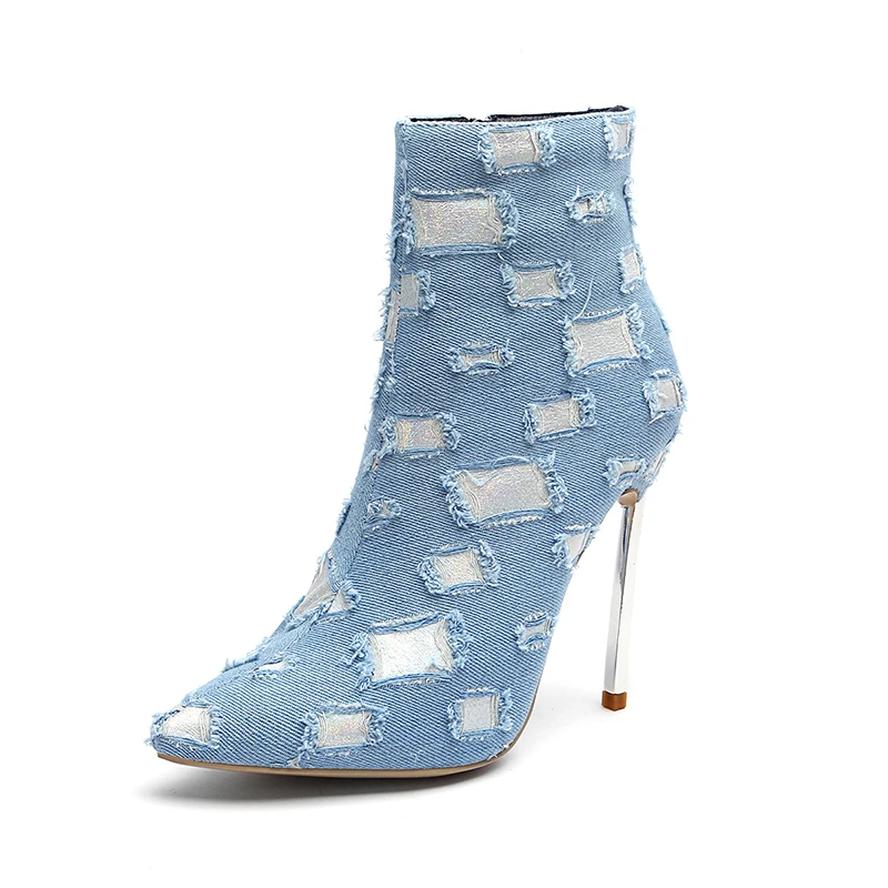 Blue Tacones 12 Felpa Zapatos Denim De Del La Blue Dark Punta Botines Calzado Borla Moda light Pie Dedo Señoras Sexy Mujeres Invierno Botas Cm Rxemzg qStHwq