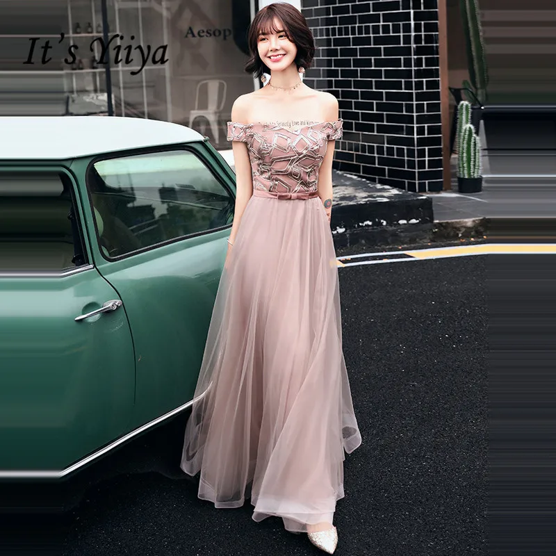 

It's YiiYa Evening Dress 2019 Boat Neck Mold Print A-line Floor-length Evening Gowns Party Dresses LX1355 robe de soiree